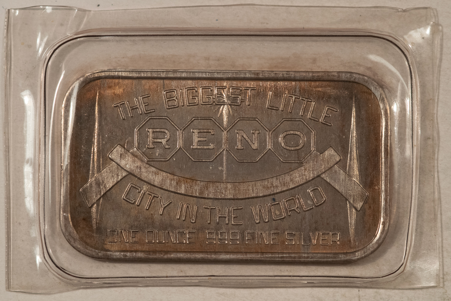 Bullion SILVERTOWNE VINTAGE RENO 1 OZ .999 SILVER BAR NEW STILL SEALED, ORIGINAL PLASTIC Bullion SILVERTOWNE VINTAGE RENO 1 OZ .999 SILVER BAR NEW STILL SEALED, ORIGINAL PLASTIC