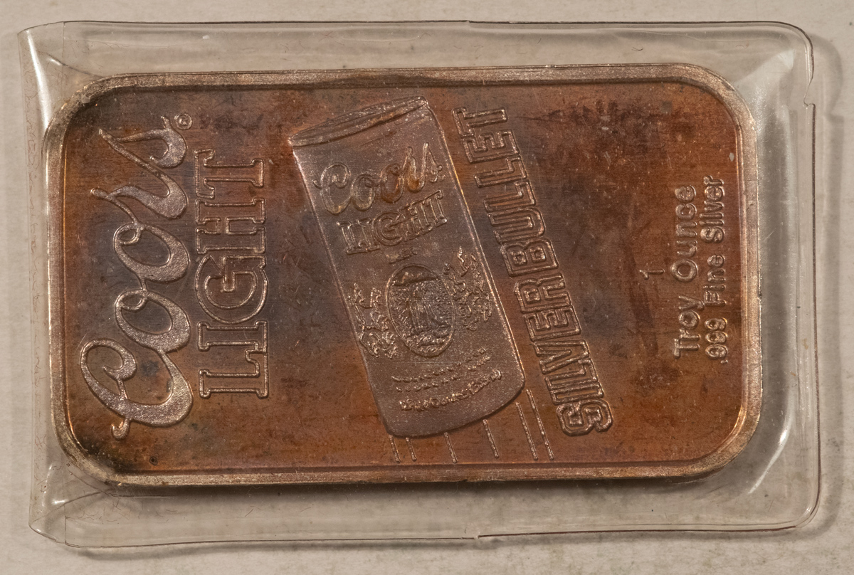 Bullion COORS LIGHT 1 OZ .999 FINE SILVER BAR, SUNSHINE MINT – TONED BRILLIANT UNCIRC! Bullion COORS LIGHT 1 OZ .999 FINE SILVER BAR, SUNSHINE MINT – TONED BRILLIANT UNCIRC!