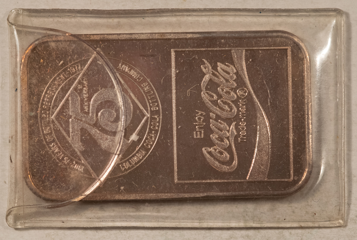 Bullion COCA-COLA 75TH ANNIVERSARY 1 OZ FINE SILVER .999 BAR, COLUMBIA SC – GEM! Bullion COCA-COLA 75TH ANNIVERSARY 1 OZ FINE SILVER .999 BAR, COLUMBIA SC – GEM!