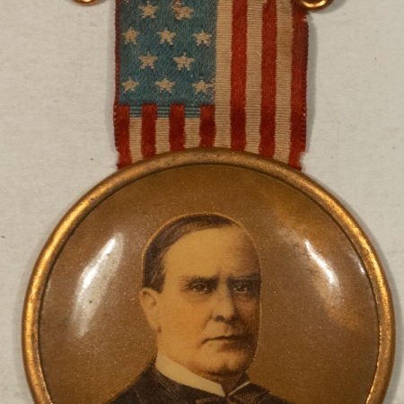 New Store Items 1900 WM MCKINLEY 1 3/4″ CELLULOID PIN W/ SILK RIBBON, 3 1/4″ OVERALL – EXC+