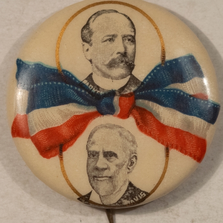 New Store Items 1904 PARKER-DAVIS 1 1/4″ BOW JUGATE CAMPAIGN BUTTON W/ W&H BACKPAPER, MINT!