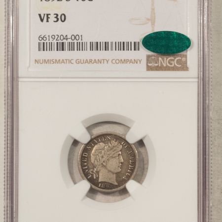 Barber Dimes 1892-S BARBER DIME – NGC VF-30, CAC APPROVED! SCARCE!