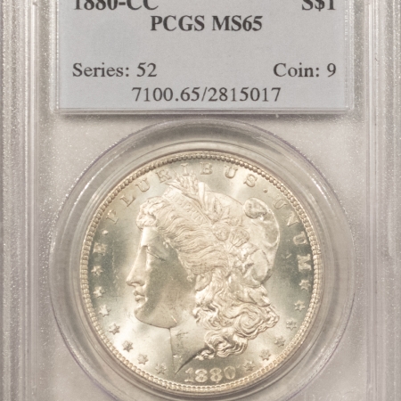 Dollars 1880-CC $1 MORGAN DOLLAR – PCGS MS-65, WHITE LUSTROUS GEM, CARSON CITY!