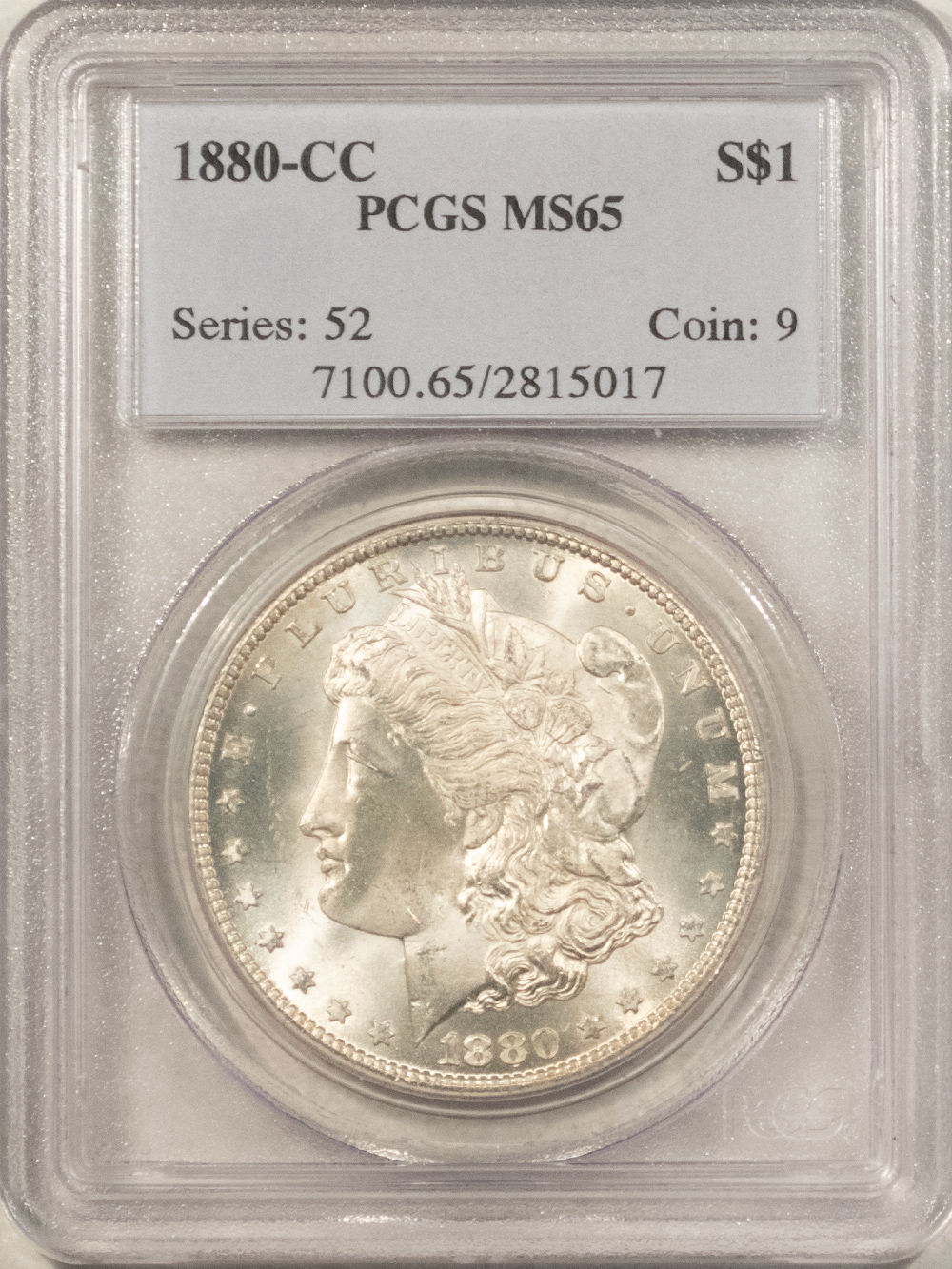 Dollars 1880-CC $1 MORGAN DOLLAR – PCGS MS-65, WHITE LUSTROUS GEM, CARSON CITY! Dollars 1880-CC $1 MORGAN DOLLAR – PCGS MS-65, WHITE LUSTROUS GEM, CARSON CITY!