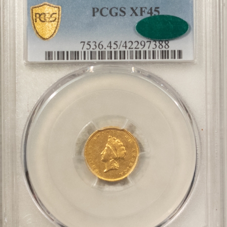 $1 1856-S $1 GOLD DOLLAR, TYPE 2 – PCGS XF-45, SCARCE! POP 3! CAC APPROVED!