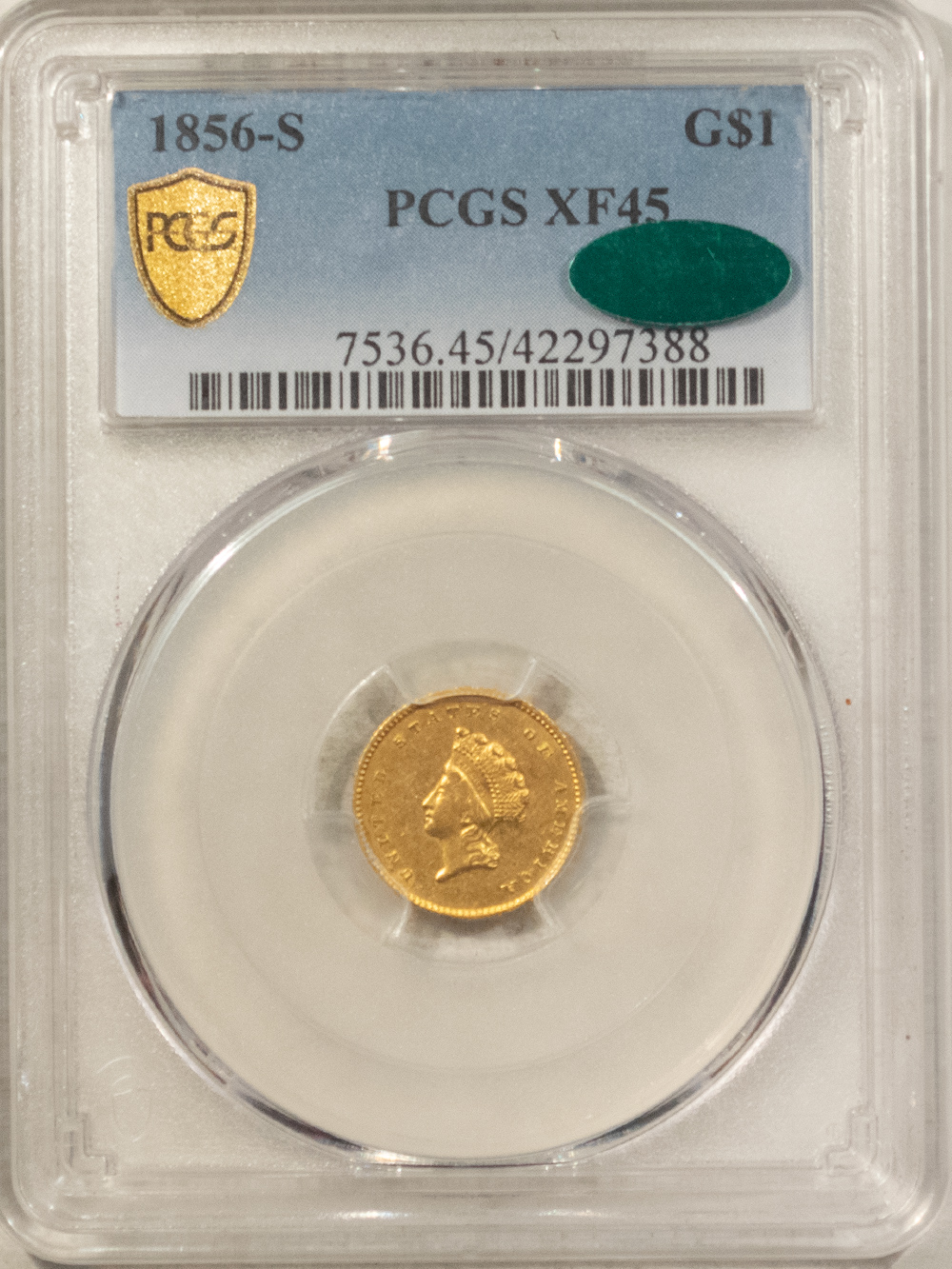 $1 1856-S $1 GOLD DOLLAR, TYPE 2 – PCGS XF-45, SCARCE! POP 3! CAC APPROVED! $1 1856-S $1 GOLD DOLLAR, TYPE 2 – PCGS XF-45, SCARCE! POP 3! CAC APPROVED!