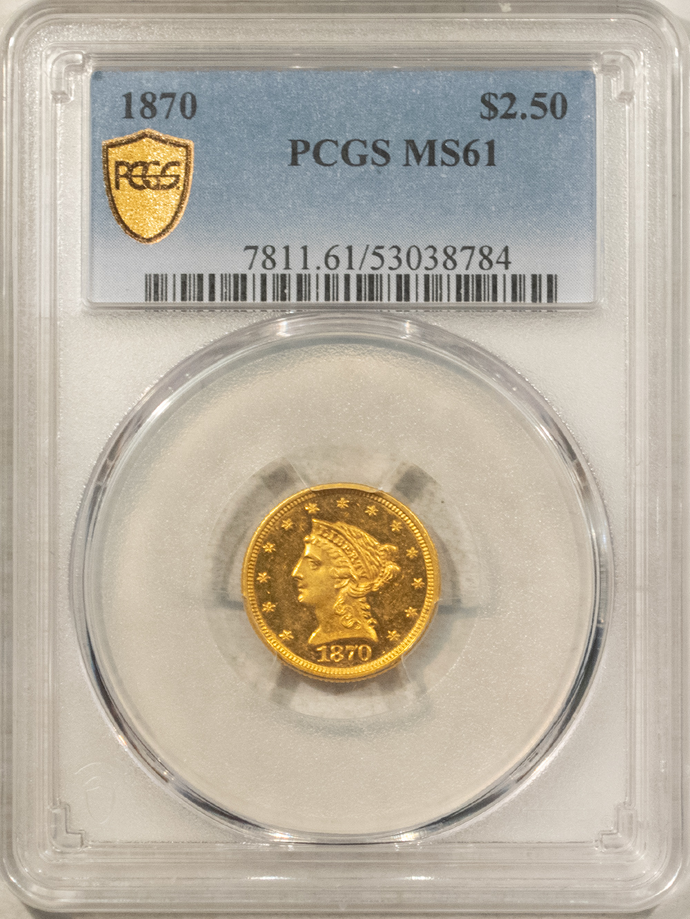 $2.50 1870 $2.50 LIBERTY GOLD QUARTER EAGLE – PCGS MS-61, RARE! LOW-MINTAGE, LOOKS PL! $2.50 1870 $2.50 LIBERTY GOLD QUARTER EAGLE – PCGS MS-61, RARE! LOW-MINTAGE, LOOKS PL!
