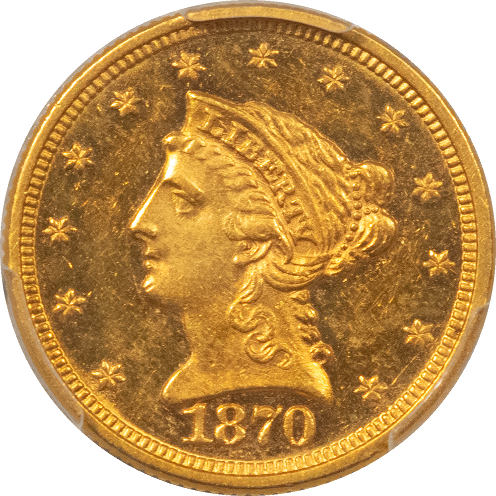 $2.50 1870 $2.50 LIBERTY GOLD QUARTER EAGLE – PCGS MS-61, RARE! LOW-MINTAGE, LOOKS PL! $2.50 1870 $2.50 LIBERTY GOLD QUARTER EAGLE – PCGS MS-61, RARE! LOW-MINTAGE, LOOKS PL!