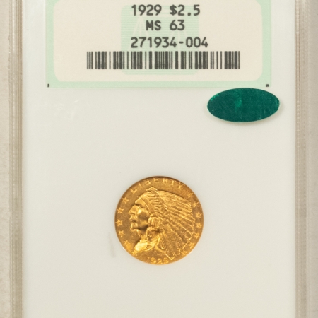 $2.50 1929 $2.50 INDIAN GOLD QUARTER EAGLE – NGC MS-63 CAC FATTIE HOLDER & 64 QUALITY!