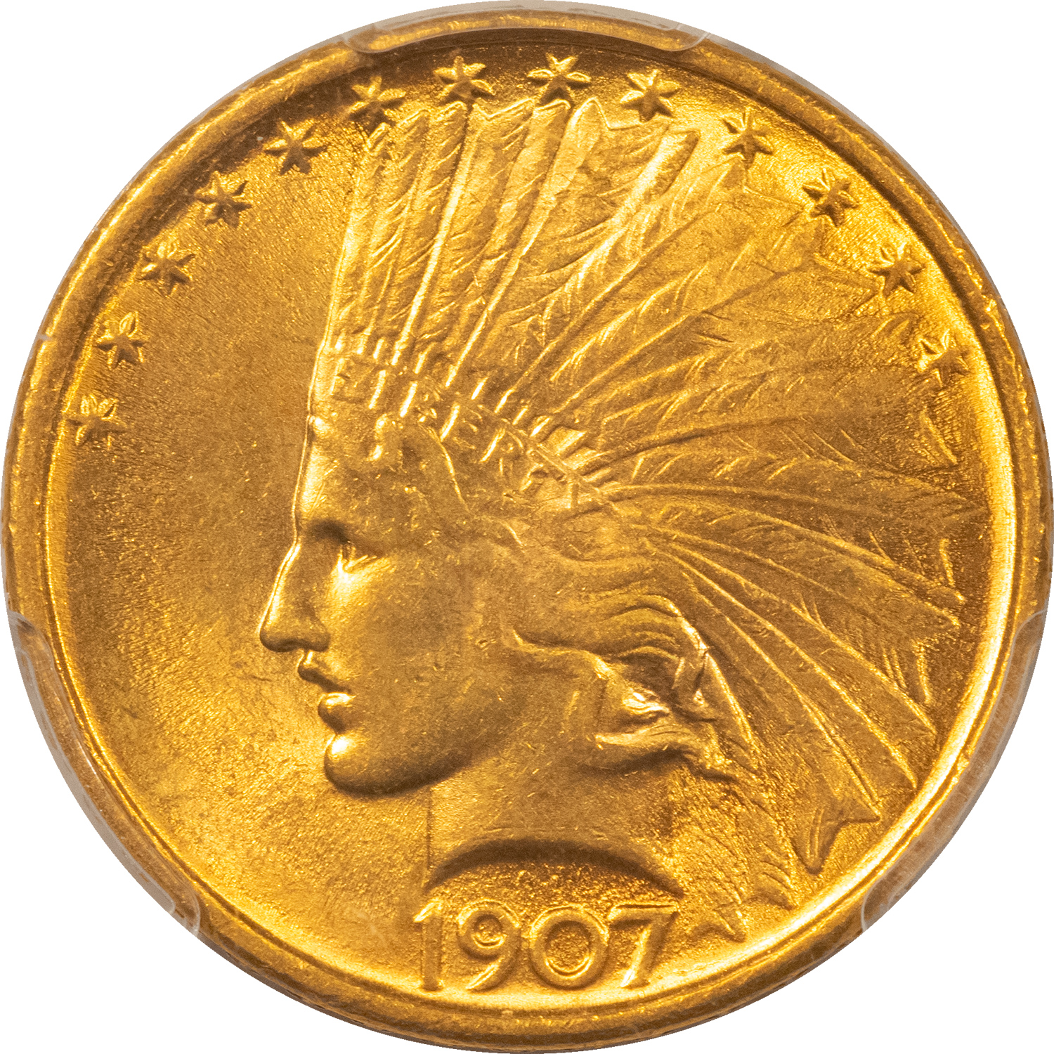 $10 1907 $10 INDIAN HEAD GOLD EAGLE, NO MOTTO – PCGS MS-62, MARK-FREE! ATTRACTIVE! $10 1907 $10 INDIAN HEAD GOLD EAGLE, NO MOTTO – PCGS MS-62, MARK-FREE! ATTRACTIVE!