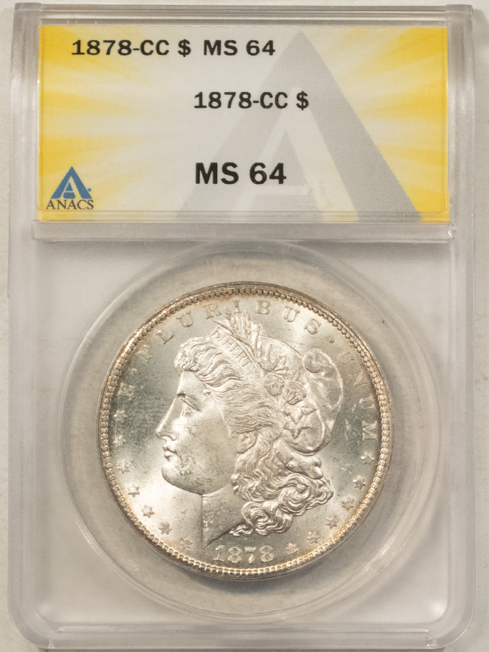 Dollars 1878-CC $1 MORGAN DOLLAR – ANACS MS-64, FLASHY WHITE! CARSON CITY! Dollars 1878-CC $1 MORGAN DOLLAR – ANACS MS-64, FLASHY WHITE! CARSON CITY!
