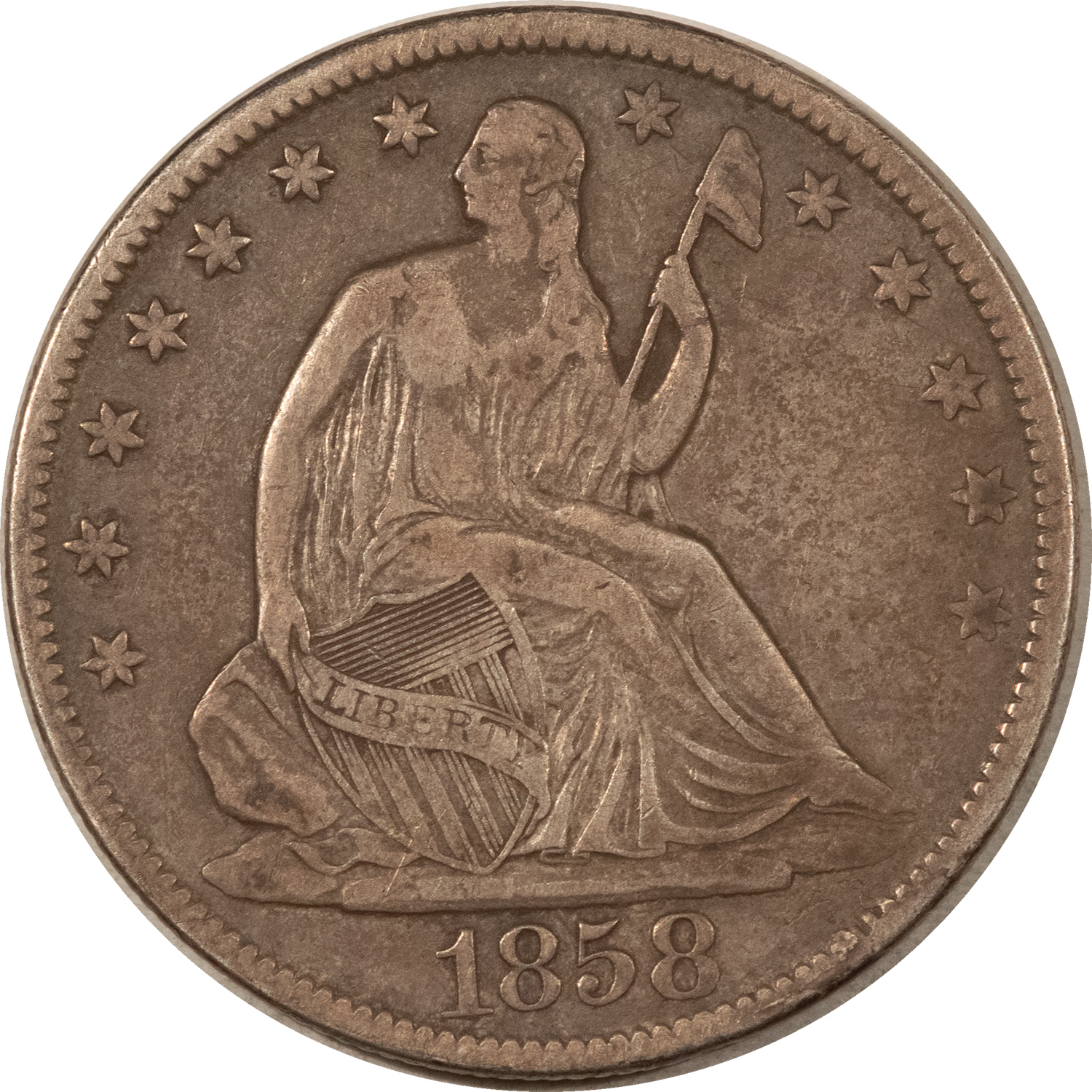 Half Dollars 1858-O SEATED LIBERTY HALF DOLLAR – WHOLESOME! HIGH GRADE CIRCULATED EXAMPLE! Half Dollars 1858-O SEATED LIBERTY HALF DOLLAR – WHOLESOME! HIGH GRADE CIRCULATED EXAMPLE!