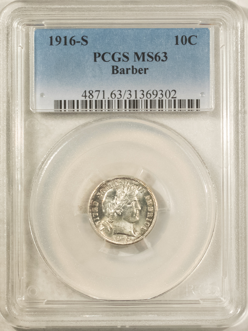 Barber Dimes 1916-S BARBER DIME, PCGS MS-63, LUSTROUS ORIGINAL WHITE W/ A TOUCH OF GOLD! Barber Dimes 1916-S BARBER DIME, PCGS MS-63, LUSTROUS ORIGINAL WHITE W/ A TOUCH OF GOLD!