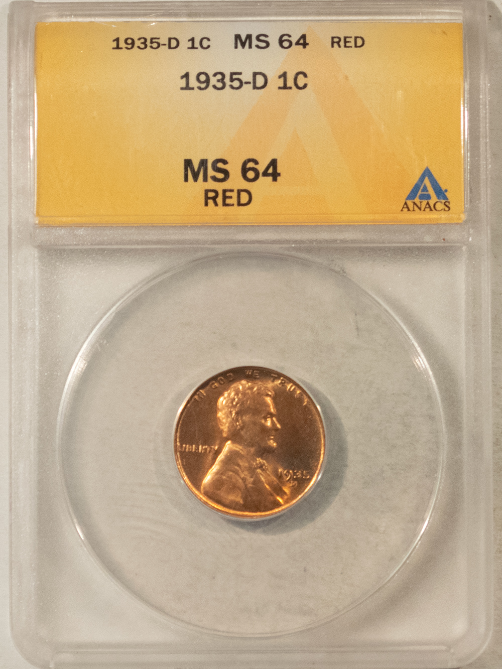 Lincoln Cents (Wheat) 1935-D LINCOLN CENT – ANACS MS-64 RED, LOOKS 65+ & PREMIUM QUALITY! Lincoln Cents (Wheat) 1935-D LINCOLN CENT – ANACS MS-64 RED, LOOKS 65+ & PREMIUM QUALITY!