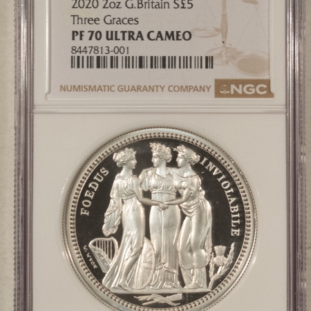 New Certified Coins 2020 GREAT BRITAIN 2 OZ SILVER 5 POUNDS THREE GRACES, NGC PF-70 ULTRA CAMEO, OGP