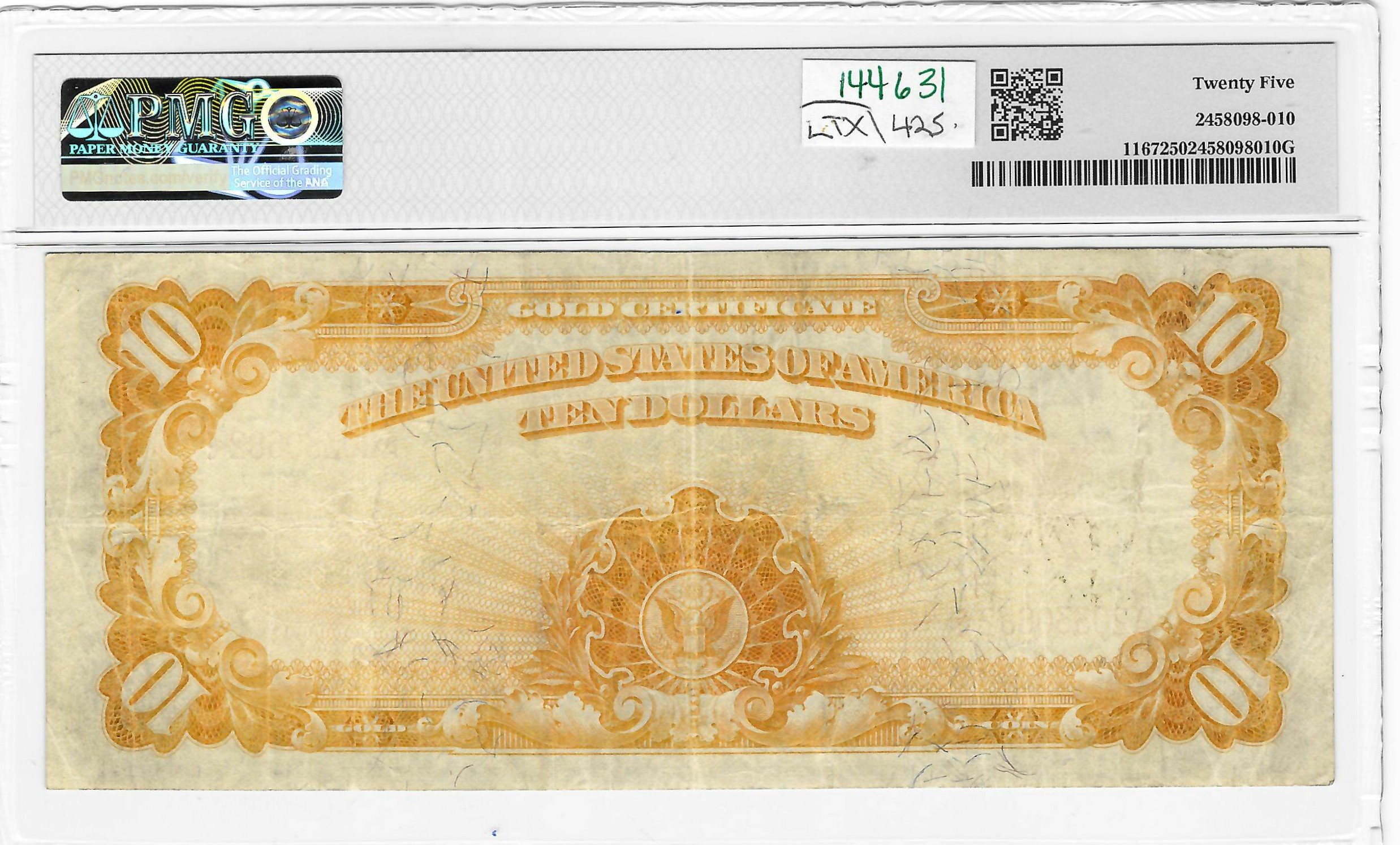 Large Gold Certificates 1907 $10 GOLD CERTIFICATE, FR#1167 VERNON/TREAT – PMG VF-25 Large Gold Certificates 1907 $10 GOLD CERTIFICATE, FR#1167 VERNON/TREAT – PMG VF-25