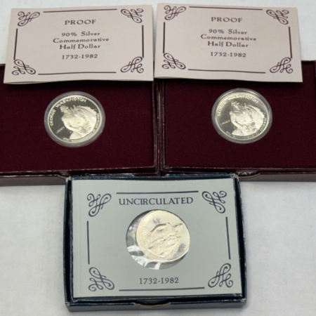 Modern Commems 1982 SILVER PROOF/BU WASHINGTON SILVER COMMEM HALF DOLLAR 3 COIN LOT GEM W/ OGP!