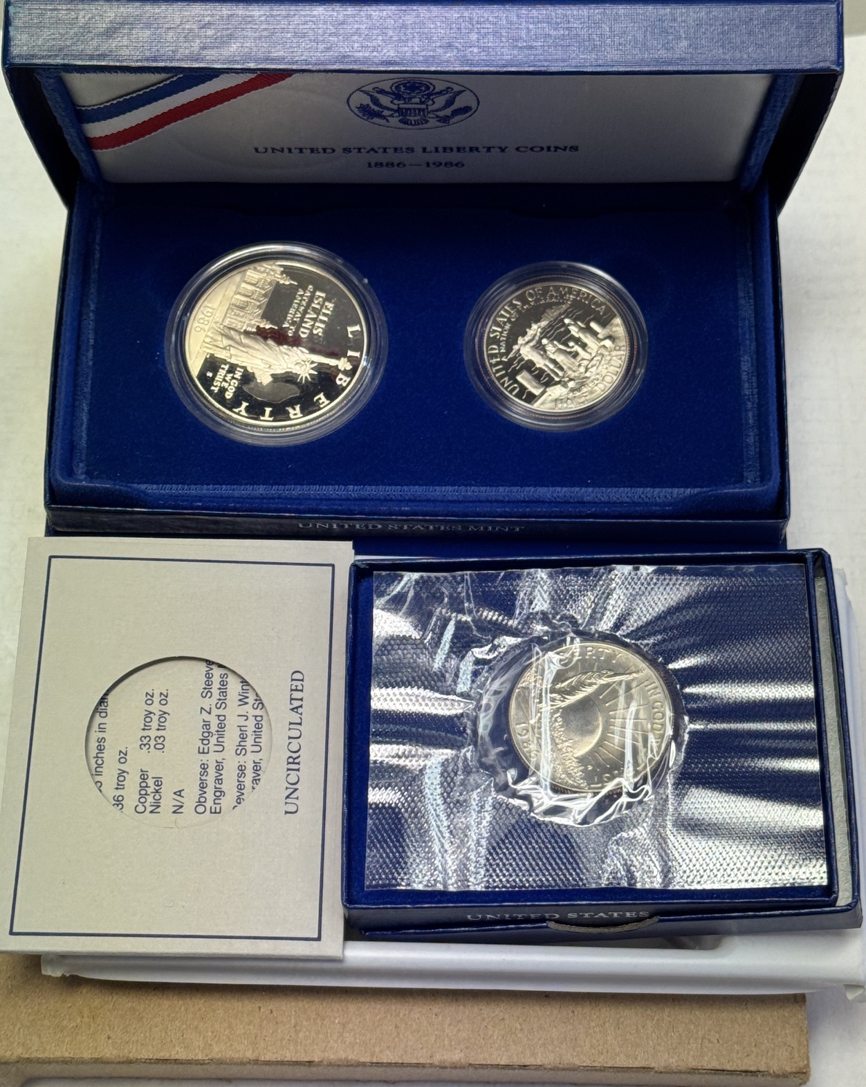 Modern Commems 1986-S STATUE OF LIBERTY COMMEM 3 COIN LOT, PROOF SILVER $1, BU/PR 50c GEM, OGP Modern Commems 1986-S STATUE OF LIBERTY COMMEM 3 COIN LOT, PROOF SILVER $1, BU/PR 50c GEM, OGP