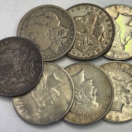 Dollars 1886-1923 MORGAN & PEACE DOLLAR 7 COIN LOT – AVERAGE CIRCULATED!