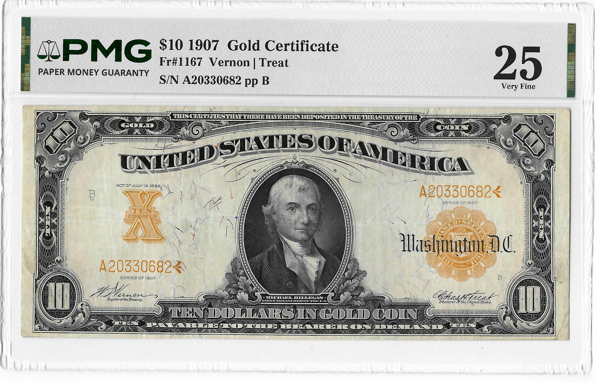 Large Gold Certificates 1907 $10 GOLD CERTIFICATE, FR#1167 VERNON/TREAT – PMG VF-25 Large Gold Certificates 1907 $10 GOLD CERTIFICATE, FR#1167 VERNON/TREAT – PMG VF-25