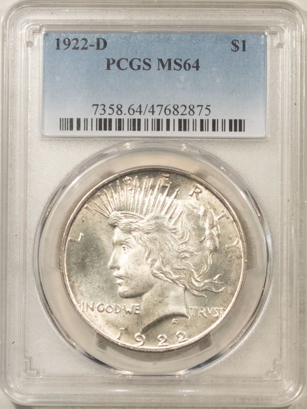 Dollars 1922-D $1 PEACE DOLLAR – PCGS MS-64 Dollars 1922-D $1 PEACE DOLLAR – PCGS MS-64