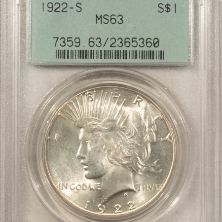 Dollars 1922-S $1 PEACE DOLLAR – PCGS MS-63, PREMIUM QUALITY! OLD GREEN HOLDER!