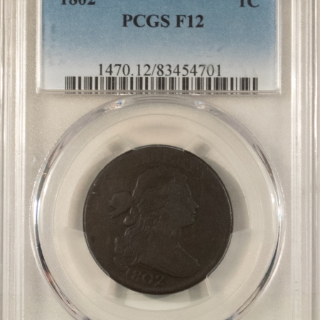 Draped Bust Large Cents 1802 DRAPED BUST LARGE CENT S-232 – PCGS F-12, REVERSE CUD!