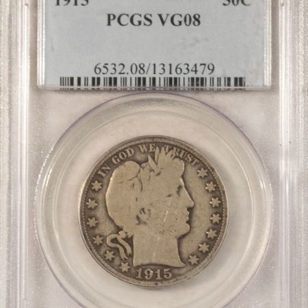 Barber Halves 1915 BARBER HALF DOLLAR – PCGS VG-08, KEY-DATE!