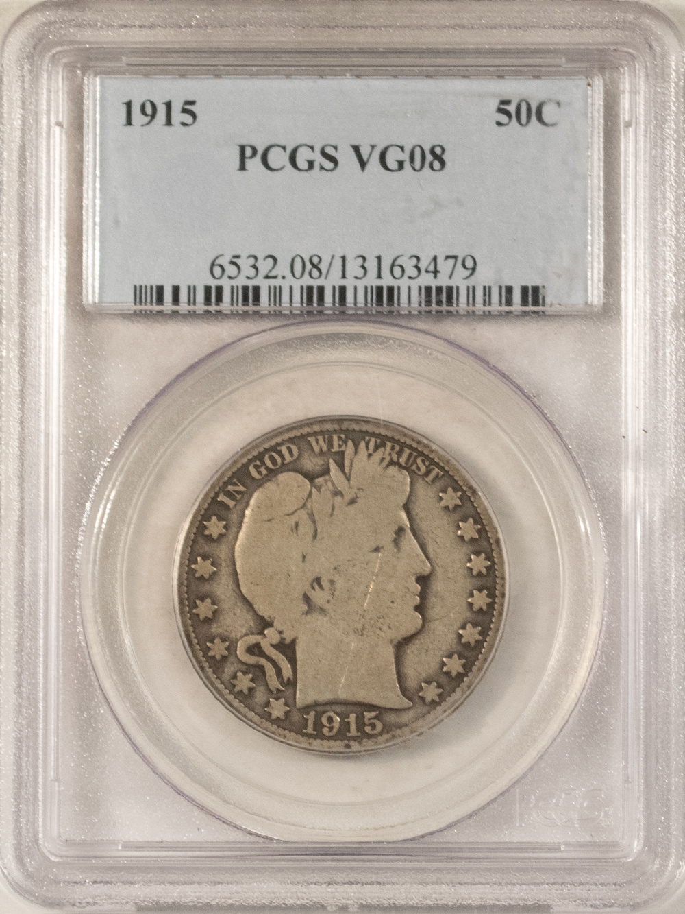 Barber Halves 1915 BARBER HALF DOLLAR – PCGS VG-08, KEY-DATE! Barber Halves 1915 BARBER HALF DOLLAR – PCGS VG-08, KEY-DATE!
