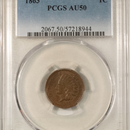 Indian 1863 INDIAN CENT – PCGS AU-50, PLEASING!