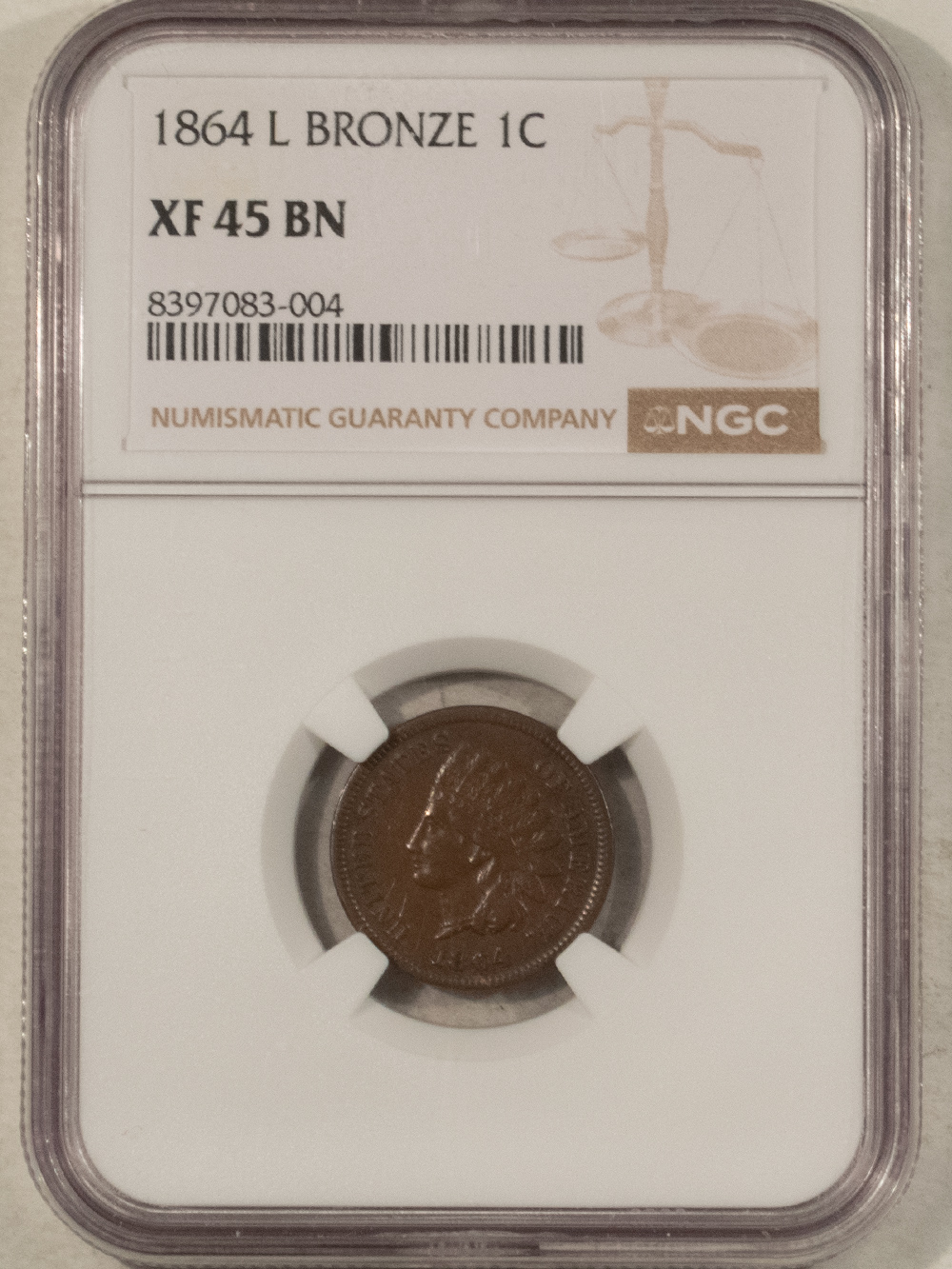 Indian 1864 L ON RIBBON INDIAN CENT BRONZE – NGC XF-45 BN, ATTRACTIVE BROWN! Indian 1864 L ON RIBBON INDIAN CENT BRONZE – NGC XF-45 BN, ATTRACTIVE BROWN!