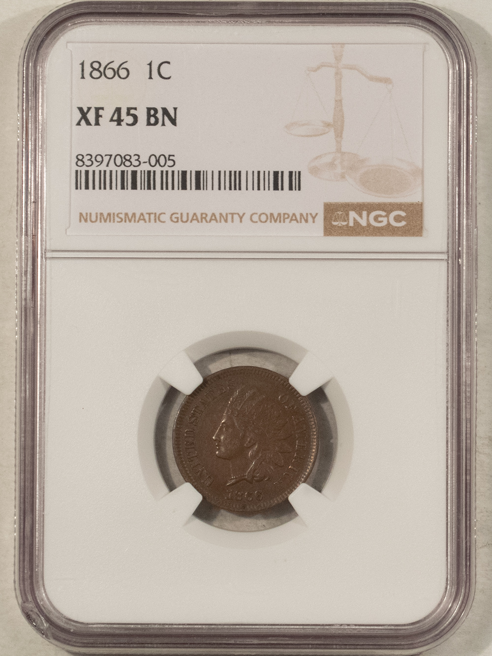Indian 1866 INDIAN CENT – NGC XF-45 BN, CHOCOLATE BROWN! Indian 1866 INDIAN CENT – NGC XF-45 BN, CHOCOLATE BROWN!