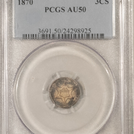 New Certified Coins 1870 THREE CENT SILVER – PCGS AU-50, RARE DATE!