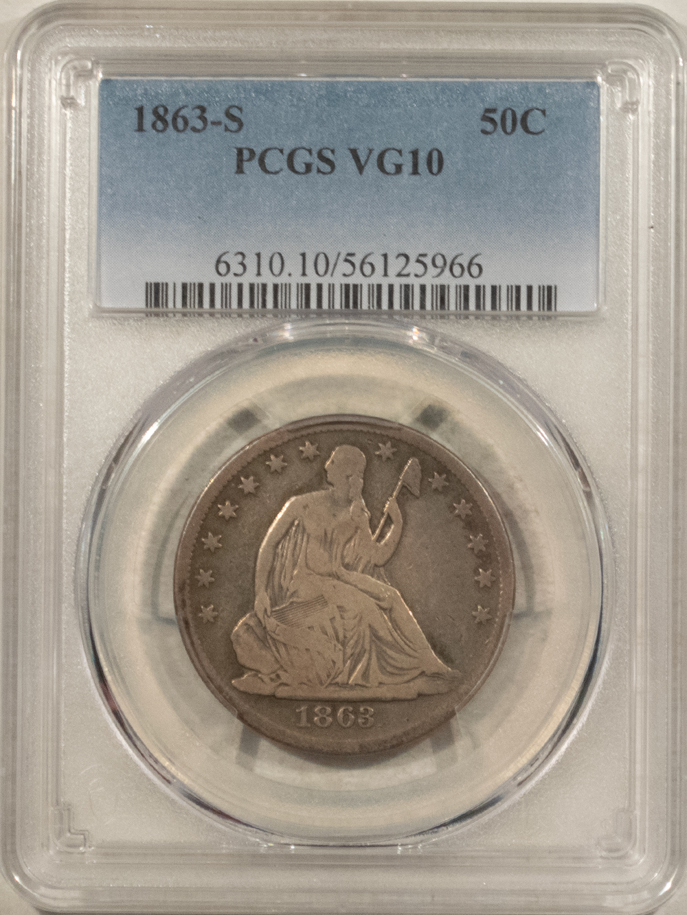 Half Dollars 1863-S SEATED LIBERTY HALF DOLLAR – PCGS VG-10, CIVIL WAR DATE! SCARCE! Half Dollars 1863-S SEATED LIBERTY HALF DOLLAR – PCGS VG-10, CIVIL WAR DATE! SCARCE!