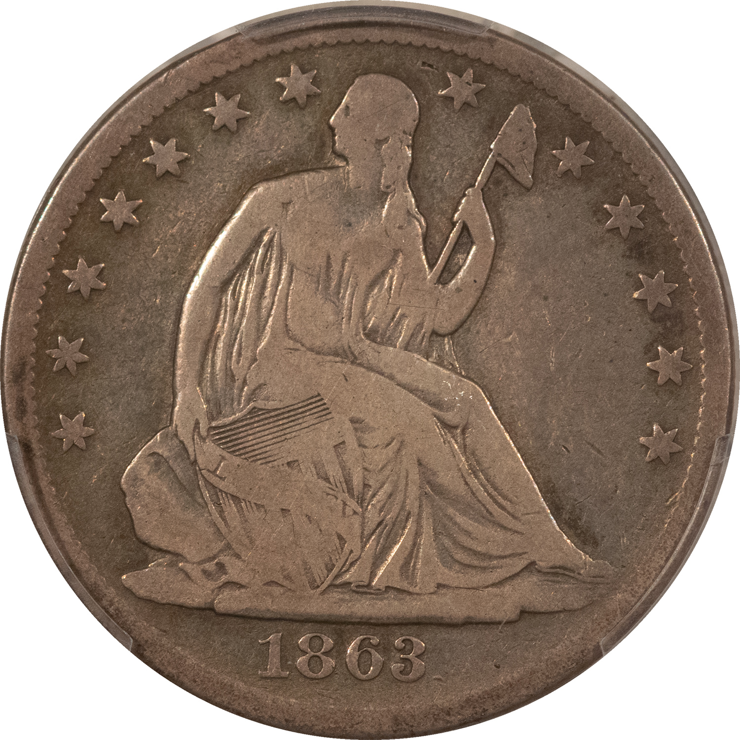 Half Dollars 1863-S SEATED LIBERTY HALF DOLLAR – PCGS VG-10, CIVIL WAR DATE! SCARCE! Half Dollars 1863-S SEATED LIBERTY HALF DOLLAR – PCGS VG-10, CIVIL WAR DATE! SCARCE!