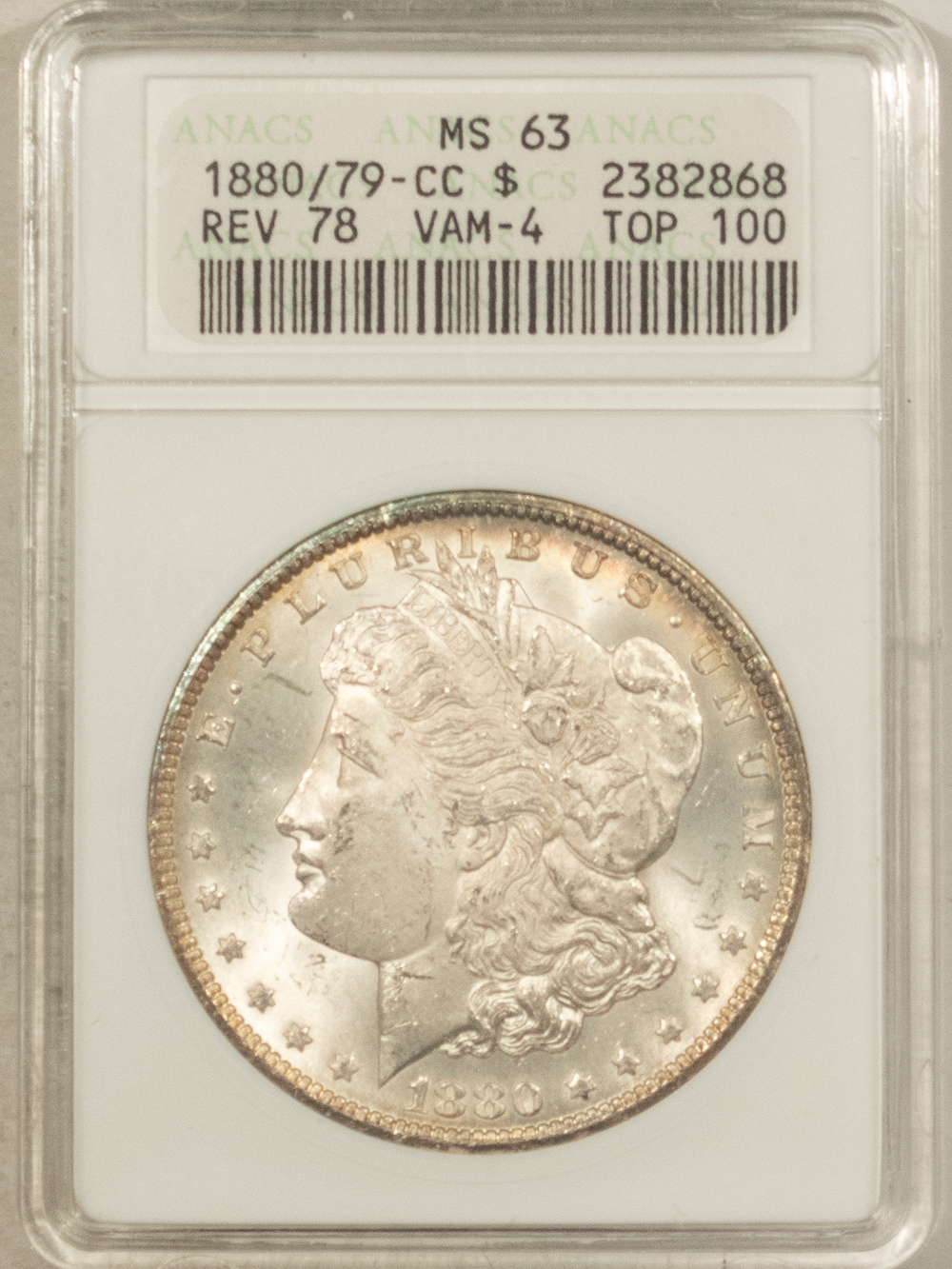 Dollars 1880/79-CC $1 MORGAN DOLLAR REVERSE OF 1878 VAM-4, ANACS MS-63 FROSTY WHITE & PQ Dollars 1880/79-CC $1 MORGAN DOLLAR REVERSE OF 1878 VAM-4, ANACS MS-63 FROSTY WHITE & PQ