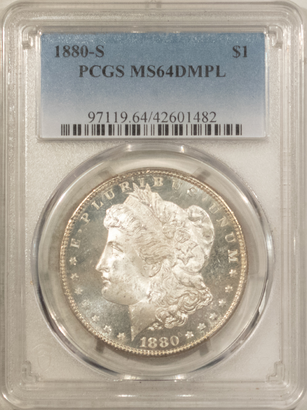 Dollars 1880-S $1 MORGAN DOLLAR – PCGS MS-64 DMPL, WHITE, DEEP MIRROR PROOF-LIKE! Dollars 1880-S $1 MORGAN DOLLAR – PCGS MS-64 DMPL, WHITE, DEEP MIRROR PROOF-LIKE!