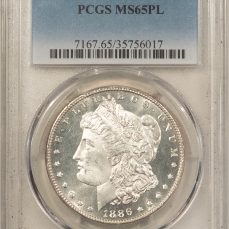 Dollars 1886 $1 MORGAN DOLLAR – PCGS MS-65 PL, WHITE PROOFLIKE GEM WITH GREAT CONTRAST!