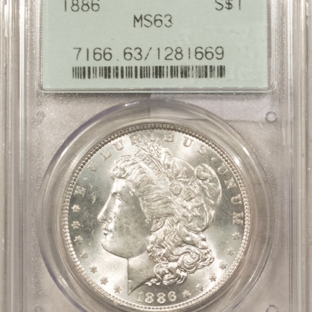 Dollars 1886 $1 MORGAN DOLLAR – PCGS MS-63, 2 PIECE OLD GREEN HOLDER, PREMIUM QUALITY!
