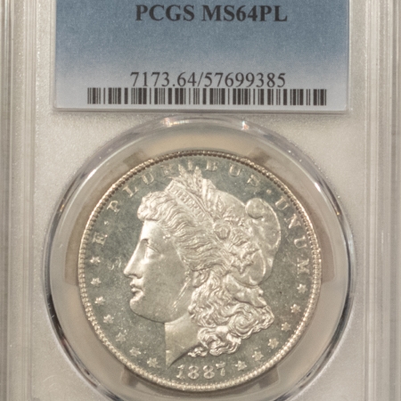 Dollars 1887 $1 MORGAN DOLLAR – PCGS MS-64 PL, PROOFLIKE W/ DEEP MIRRORS, GREAT CONTRAST