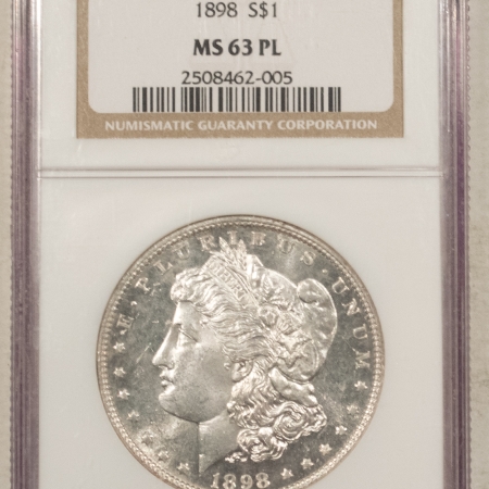 Dollars 1898 $1 MORGAN DOLLAR – NGC MS-63 PL, WHITE PROOFLIKE WITH GREAT MIRRORS!
