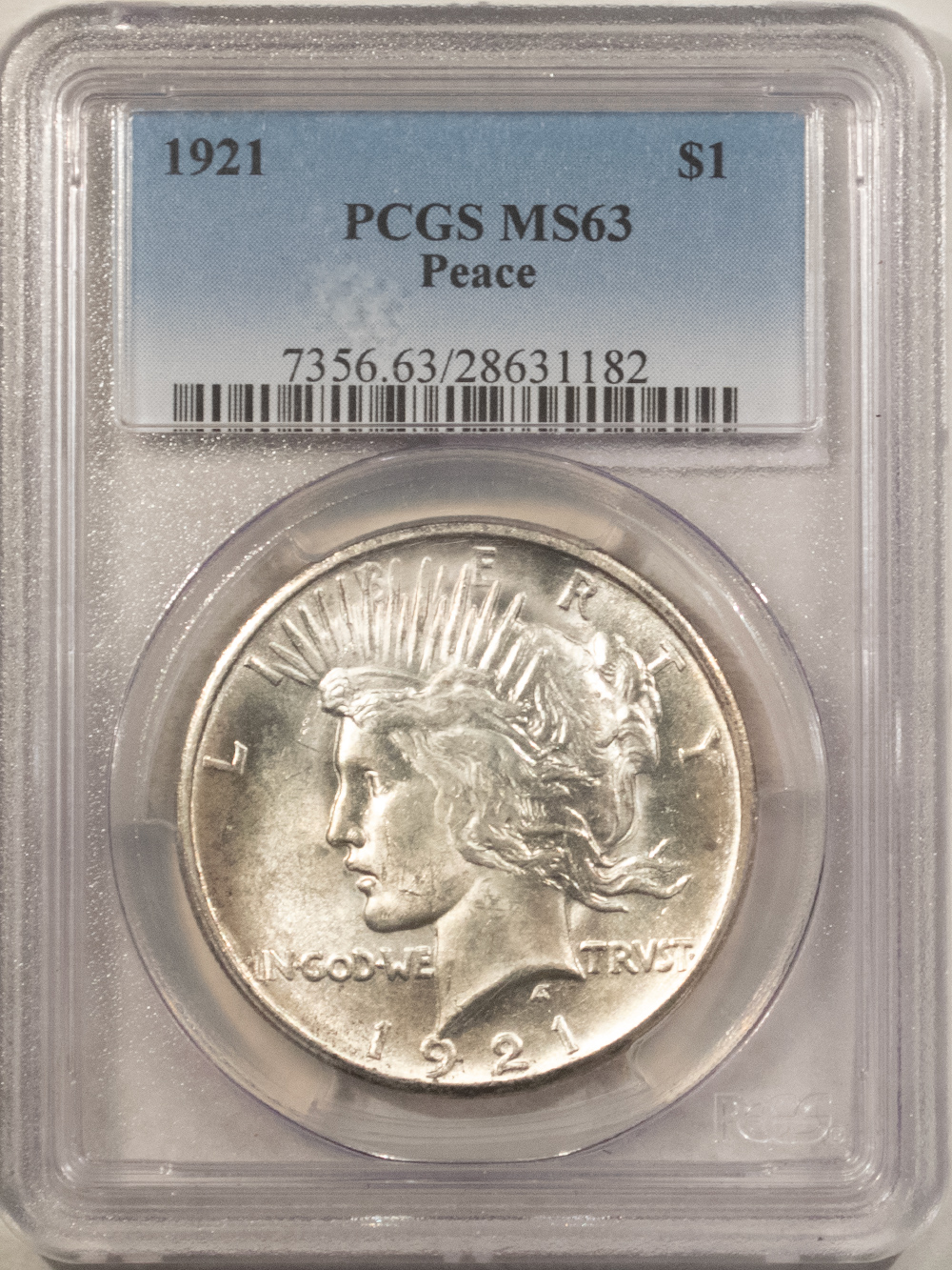 Dollars 1921 $1 PEACE DOLLAR – PCGS MS-63, BLAST WHITE! KEY-DATE! Dollars 1921 $1 PEACE DOLLAR – PCGS MS-63, BLAST WHITE! KEY-DATE!