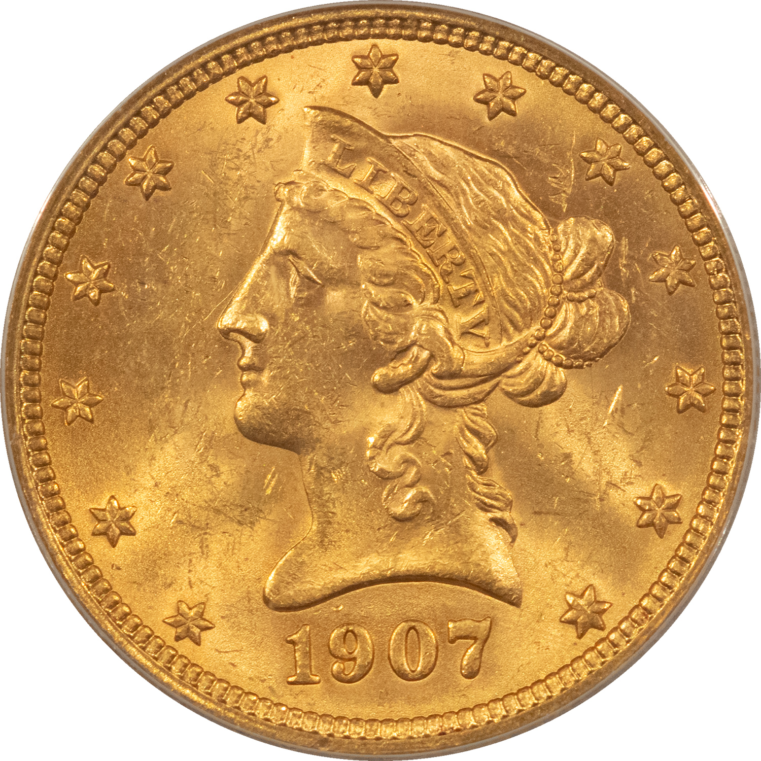 $10 1907 $10 LIBERTY GOLD EAGLE, BREEN-7091 REPUNCHED DATE – ANACS MS-63 FLASHY $10 1907 $10 LIBERTY GOLD EAGLE, BREEN-7091 REPUNCHED DATE – ANACS MS-63 FLASHY