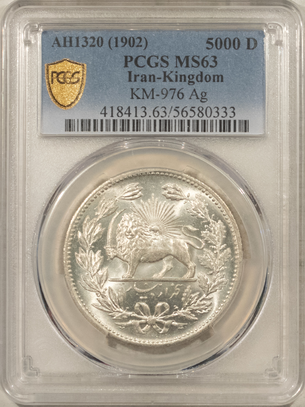 New Certified Coins AH1320 (1902) IRAN-KINGDOM 5000 DINARS KM-976 AG – PCGS MS-63 BLAZING WHITE GEM! New Certified Coins AH1320 (1902) IRAN-KINGDOM 5000 DINARS KM-976 AG – PCGS MS-63 BLAZING WHITE GEM!