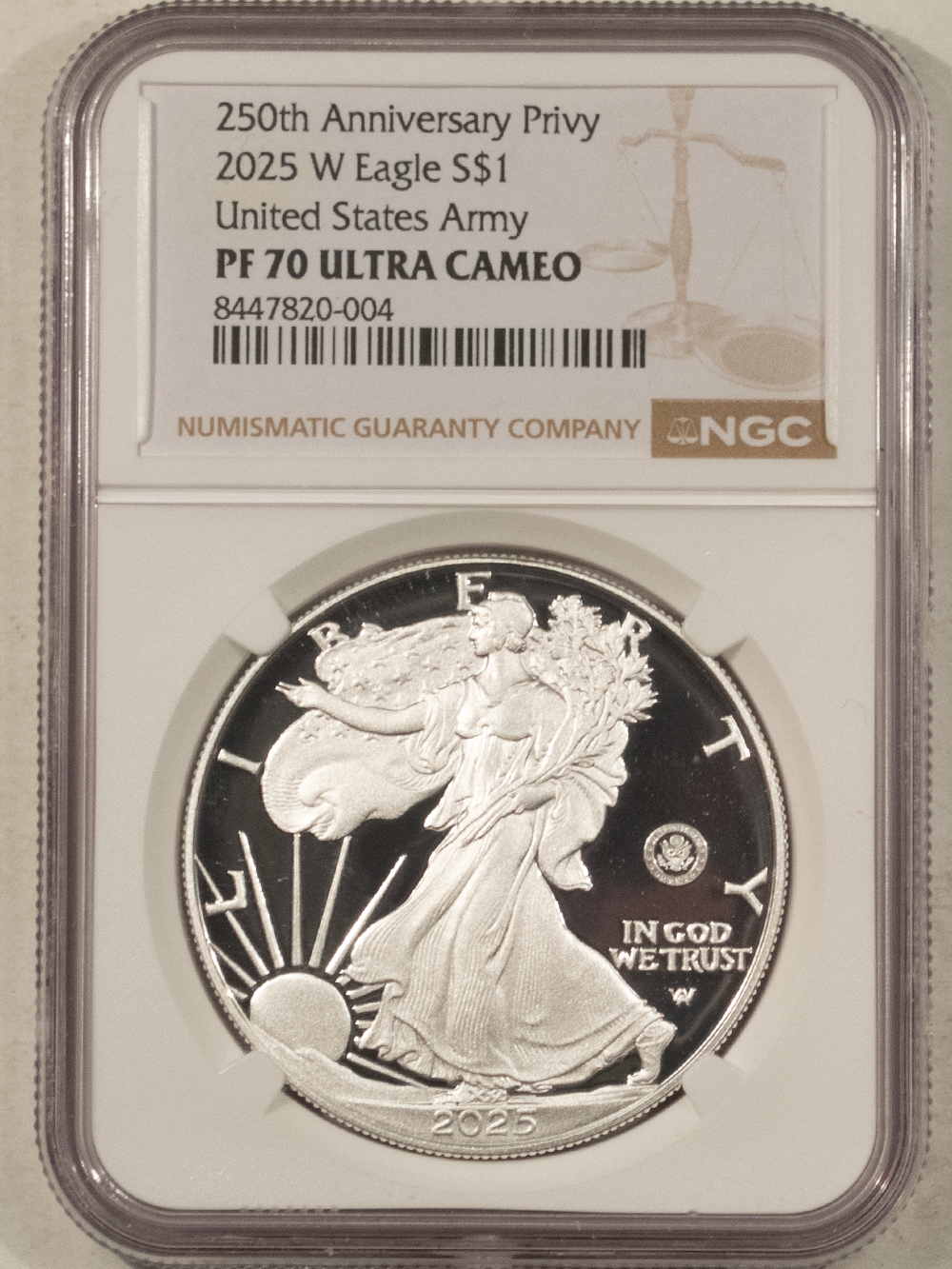 American Silver Eagles 2025-W $1 AMERICAN SILVER EAGLE 1 OZ .999 US ARMY 250TH ANN PRIVY NGC PF-70 UCAM American Silver Eagles 2025-W $1 AMERICAN SILVER EAGLE 1 OZ .999 US ARMY 250TH ANN PRIVY NGC PF-70 UCAM