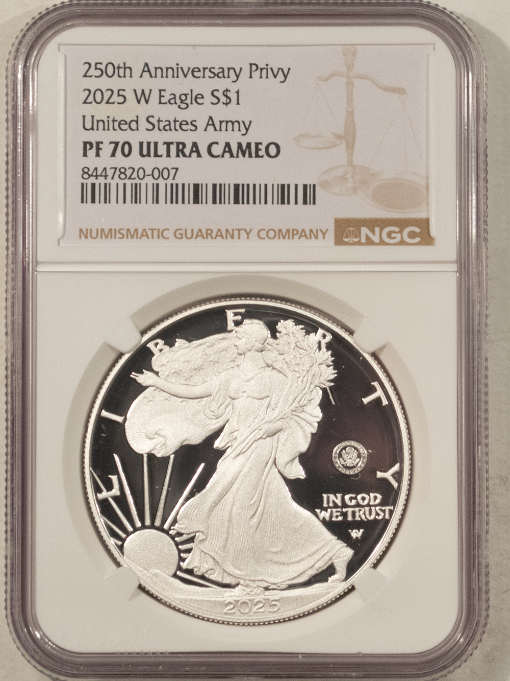 American Silver Eagles 2025-W $1 AMERICAN SILVER EAGLE 1 OZ .999 US ARMY 250TH ANN PRIVY NGC PF-70 UCAM American Silver Eagles 2025-W $1 AMERICAN SILVER EAGLE 1 OZ .999 US ARMY 250TH ANN PRIVY NGC PF-70 UCAM