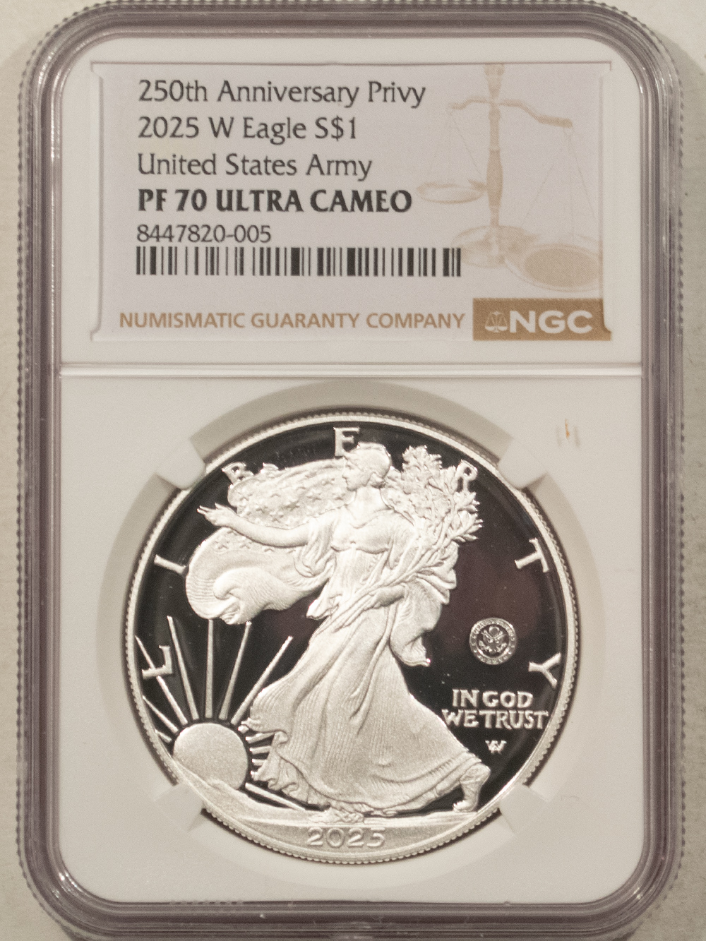 American Silver Eagles 2025-W $1 AMERICAN SILVER EAGLE 1 OZ .999 US ARMY 250TH ANN PRIVY NGC PF-70 UCAM American Silver Eagles 2025-W $1 AMERICAN SILVER EAGLE 1 OZ .999 US ARMY 250TH ANN PRIVY NGC PF-70 UCAM