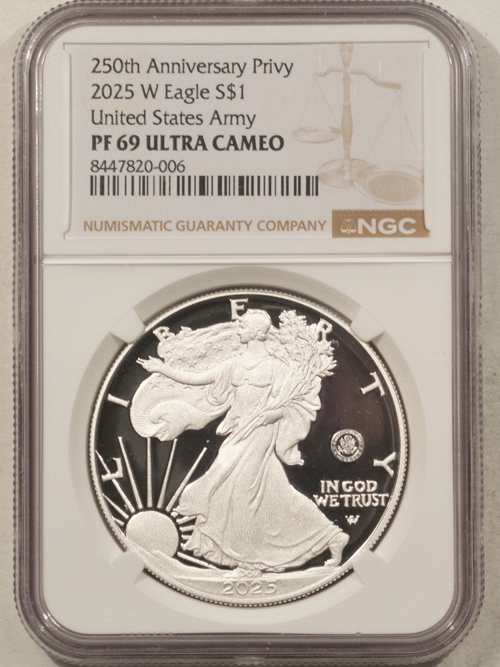 American Silver Eagles 2025-W $1 AMERICAN SILVER EAGLE 1 OZ .999 US ARMY 250TH ANN PRIVY NGC PF-69 UCAM American Silver Eagles 2025-W $1 AMERICAN SILVER EAGLE 1 OZ .999 US ARMY 250TH ANN PRIVY NGC PF-69 UCAM