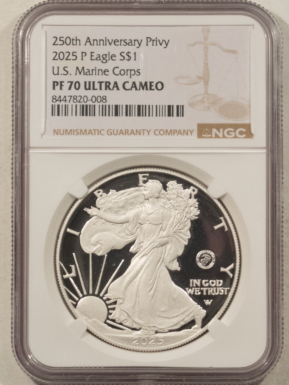 American Silver Eagles 2025-P $1 AMERICAN SILVER EAGLE 1 OZ .999 US MARINES 250TH PRIVY NGC PF-70 UCAM American Silver Eagles 2025-P $1 AMERICAN SILVER EAGLE 1 OZ .999 US MARINES 250TH PRIVY NGC PF-70 UCAM