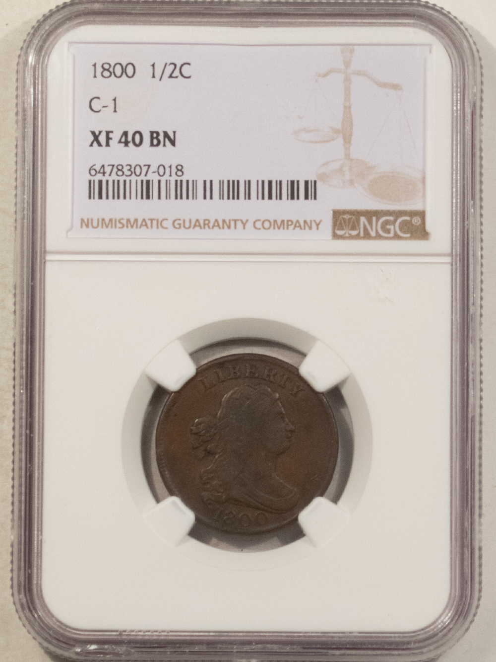 Draped Bust Half Cents 1800 DRAPED BUST HALF CENT C-1 – NGC XF-40 BN, NICE COLOR! Draped Bust Half Cents 1800 DRAPED BUST HALF CENT C-1 – NGC XF-40 BN, NICE COLOR!